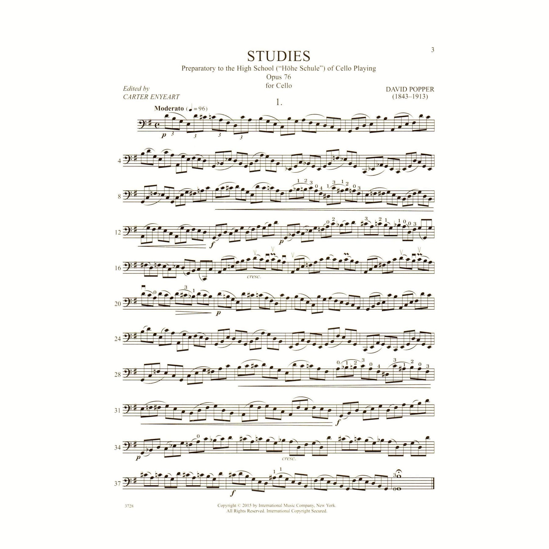 Popper, David - Studies Op 76 For Cello Published by International Music Company