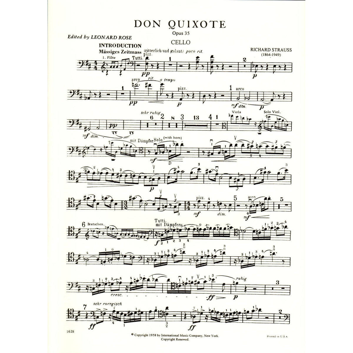 Strauss, Richard - Don Quixote, Op 35 - Solo Cello part - edited by Leonard Rose - International Music Company