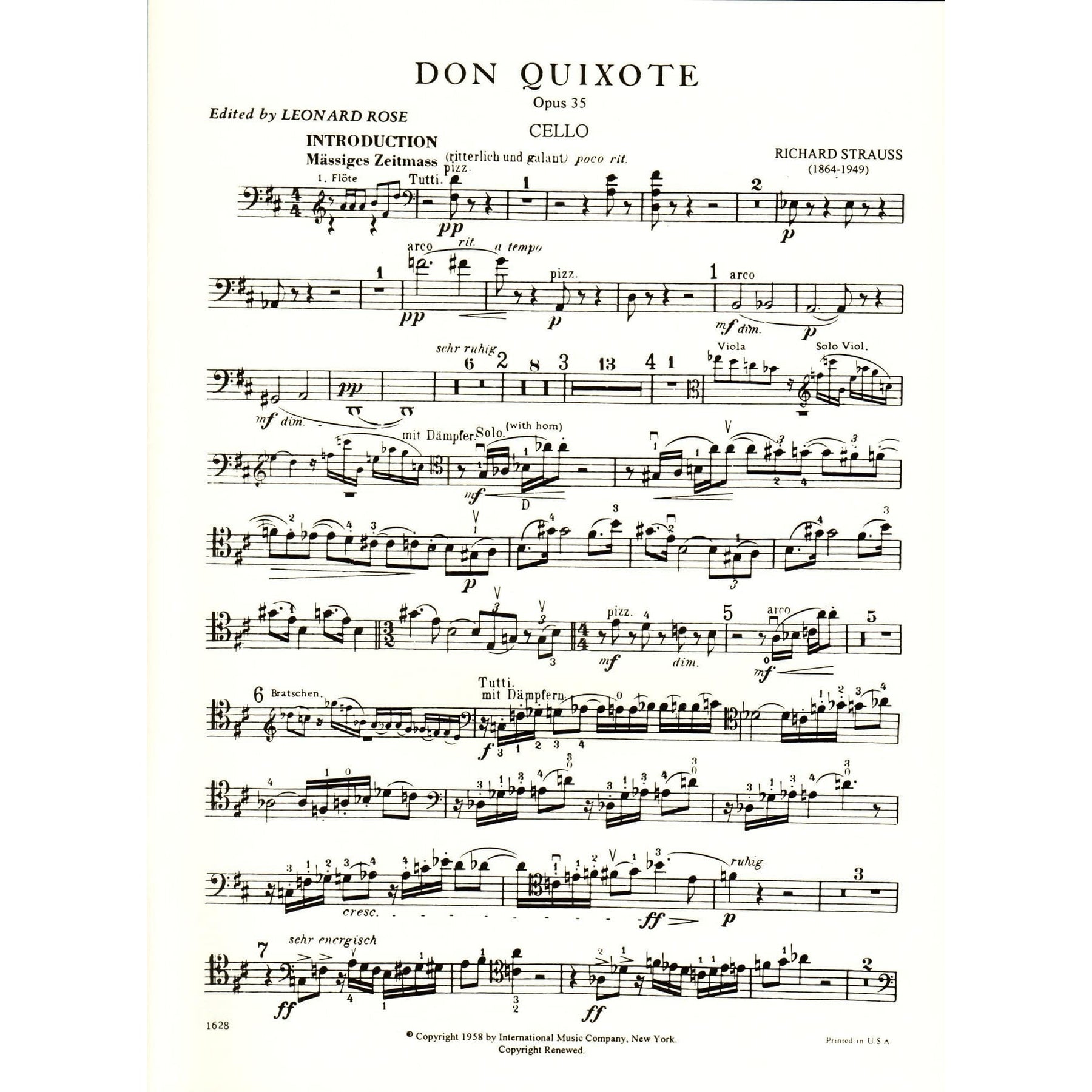 Strauss, Richard - Don Quixote, Op 35 - Solo Cello part - edited by Leonard Rose - International Music Company