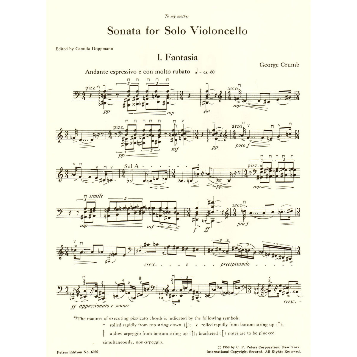 Crumb, George - Sonata for Solo Cello - edited by Camilla Doppmann - Edition Peters