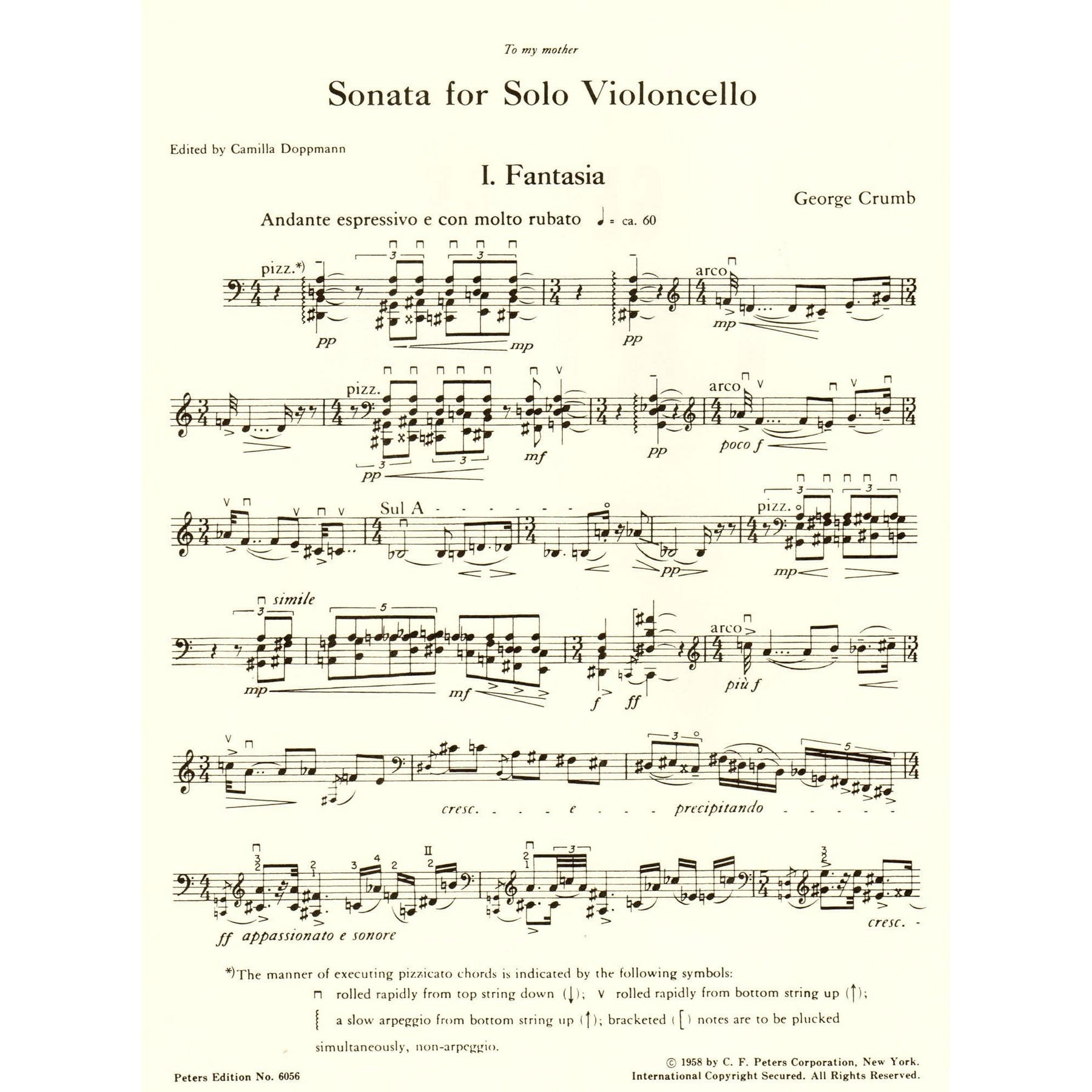 Crumb, George - Sonata for Solo Cello - edited by Camilla Doppmann - Edition Peters