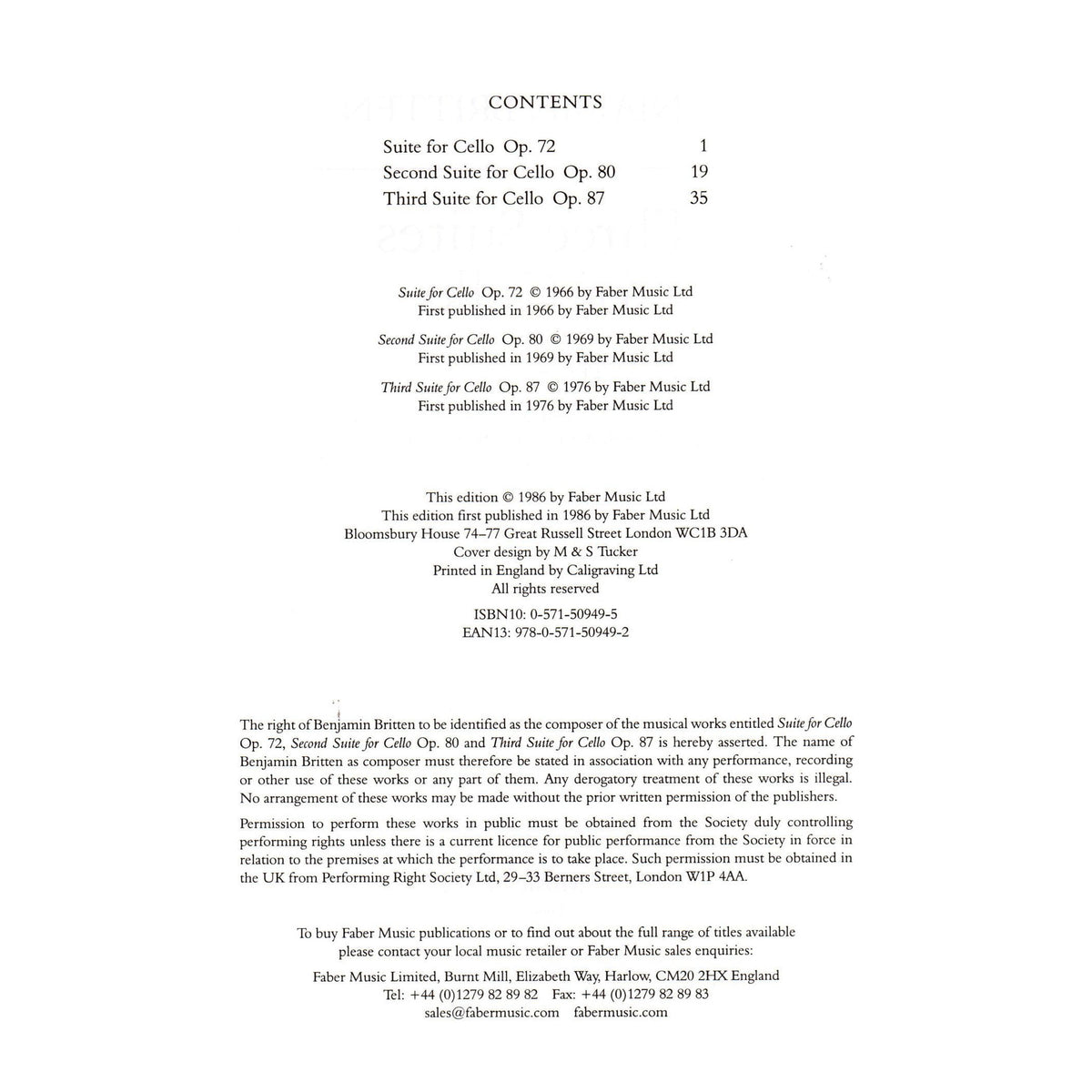 Britten, Benjamin - 3 Suites For Cello Op 72 , 80 , and 87 for Cello - Edited by Rostropovich - Faber Music Publication