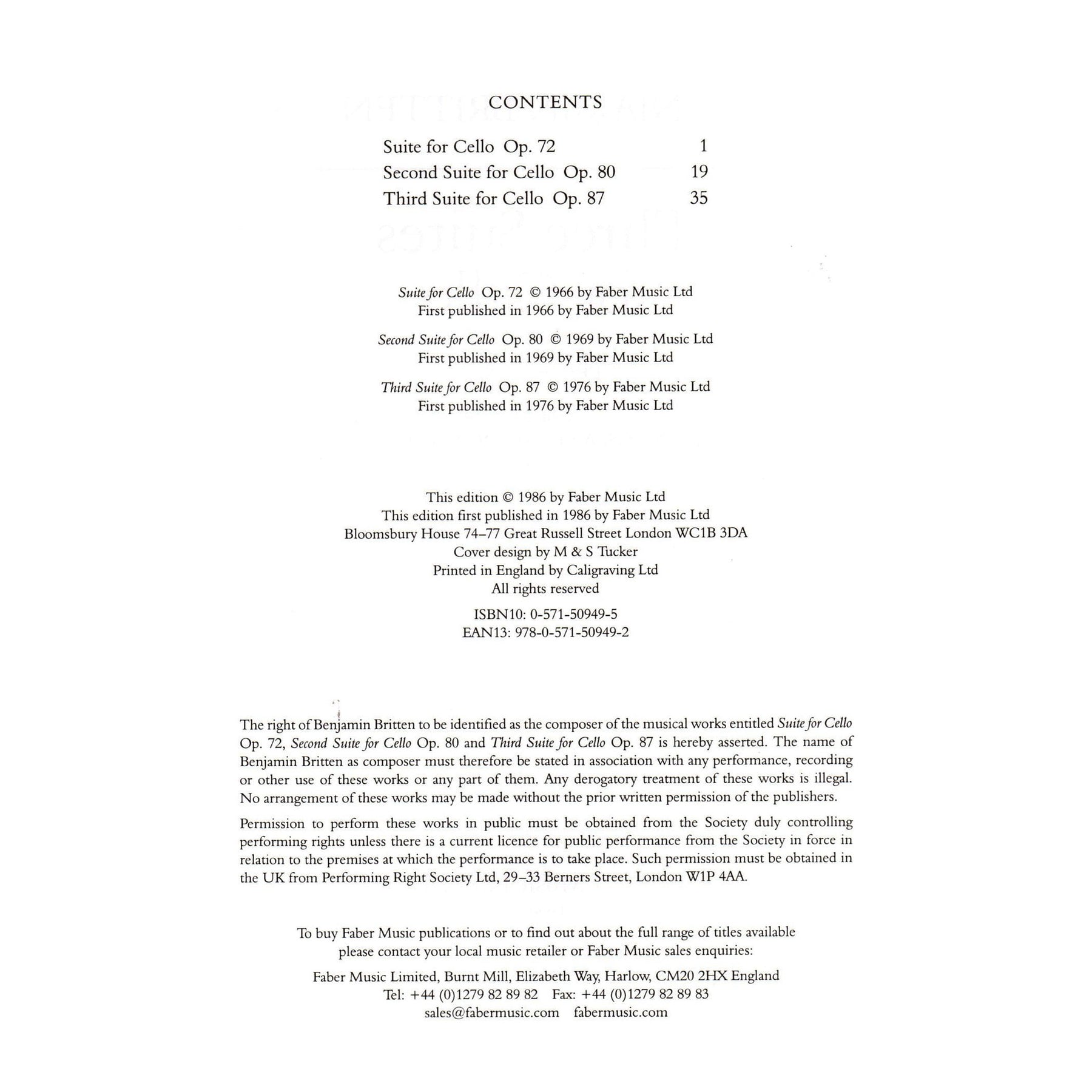 Britten, Benjamin - 3 Suites For Cello Op 72 , 80 , and 87 for Cello - Edited by Rostropovich - Faber Music Publication
