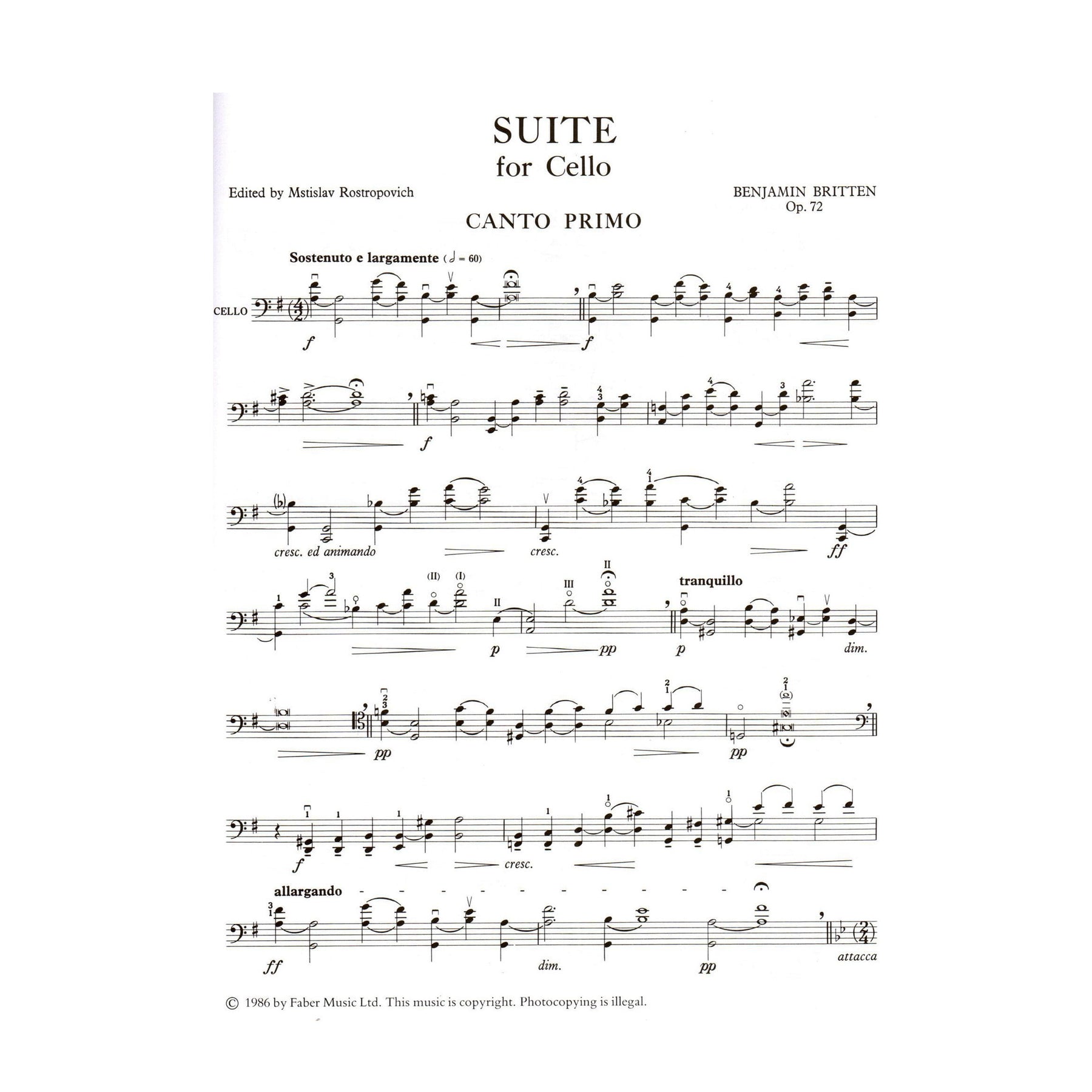 Britten, Benjamin - 3 Suites For Cello Op 72 , 80 , and 87 for Cello - Edited by Rostropovich - Faber Music Publication