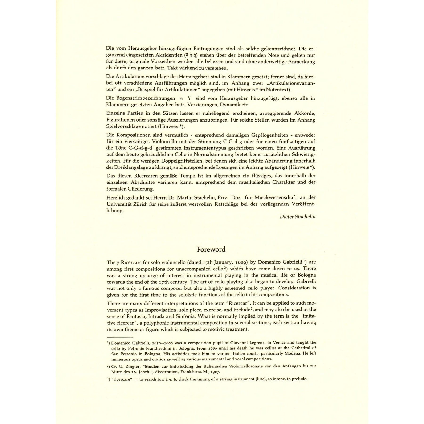 Gabrielli, Domenico - Seven Ricercars - Cello solo - Schott Edition