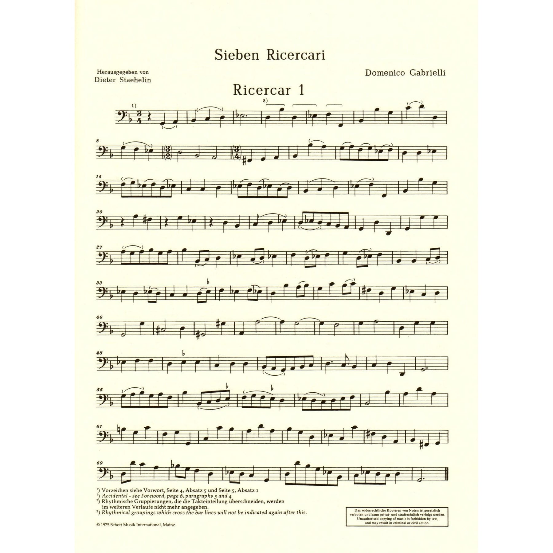 Gabrielli, Domenico - Seven Ricercars - Cello solo - Schott Edition