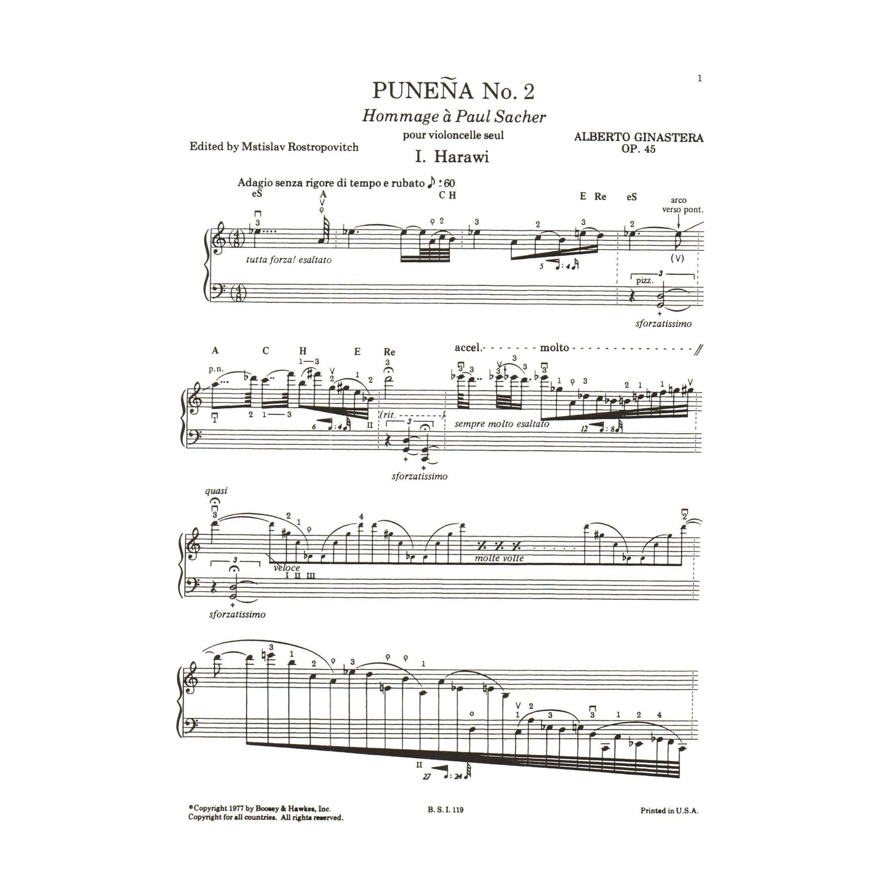 Ginastera, Alberto - Puneña No 2, Op 45 - Cello solo - edited by Mstislav Rostropovich - Boosey & Hawkes Edition