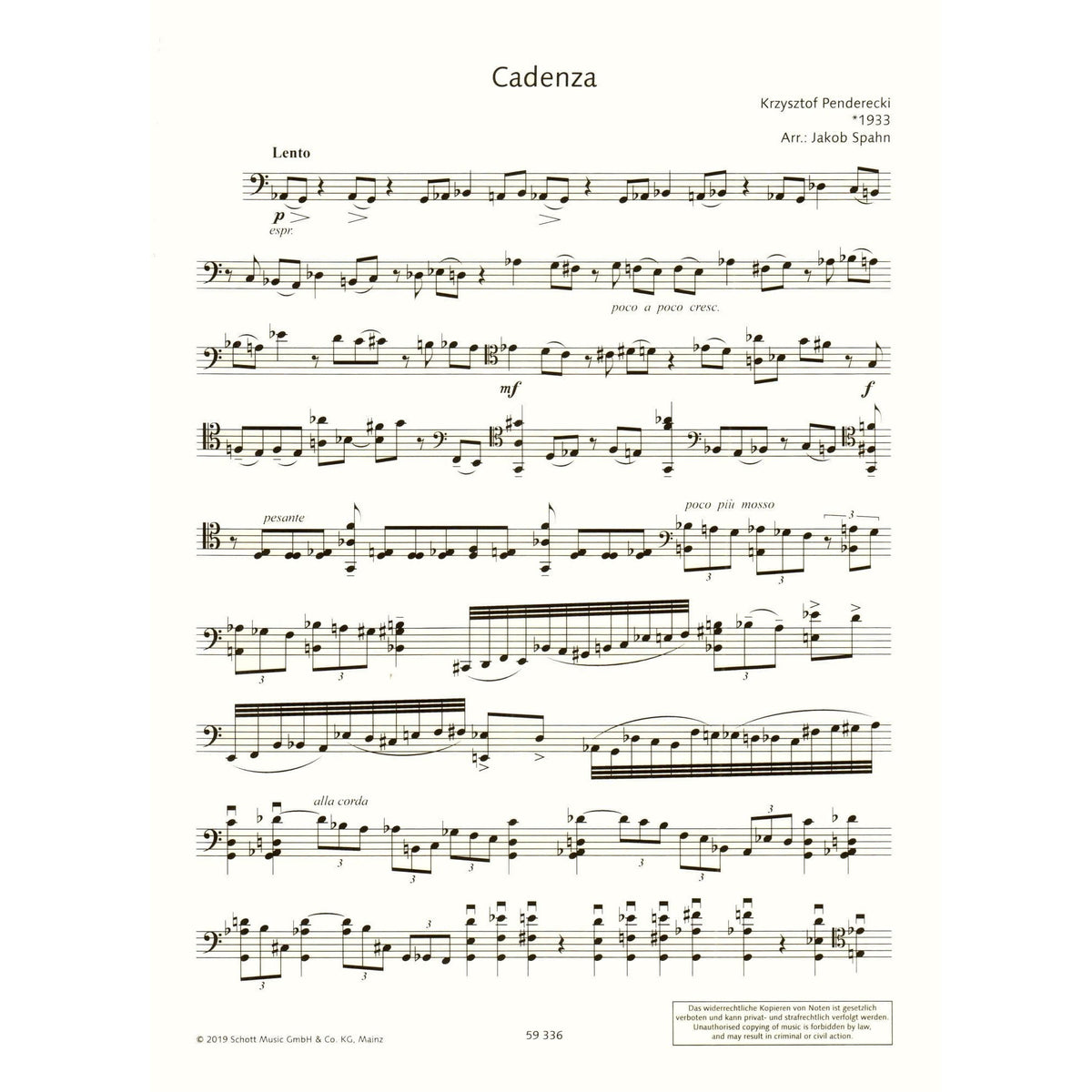Penderecki, Krzysztof - Cadenza - Solo Cello - arranged by Jakoe Spahn - Schott Music