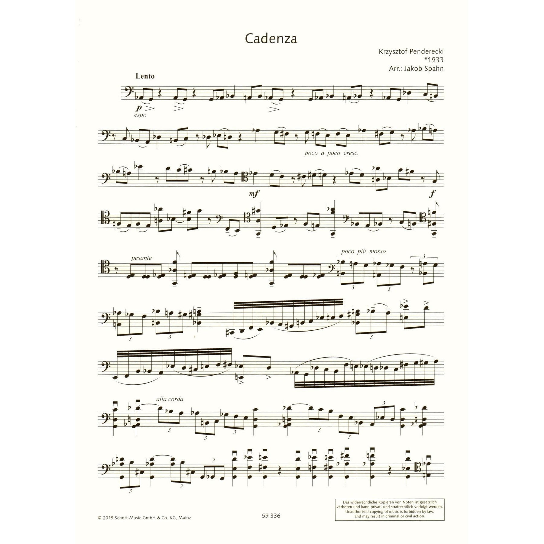 Penderecki, Krzysztof - Cadenza - Solo Cello - arranged by Jakoe Spahn - Schott Music