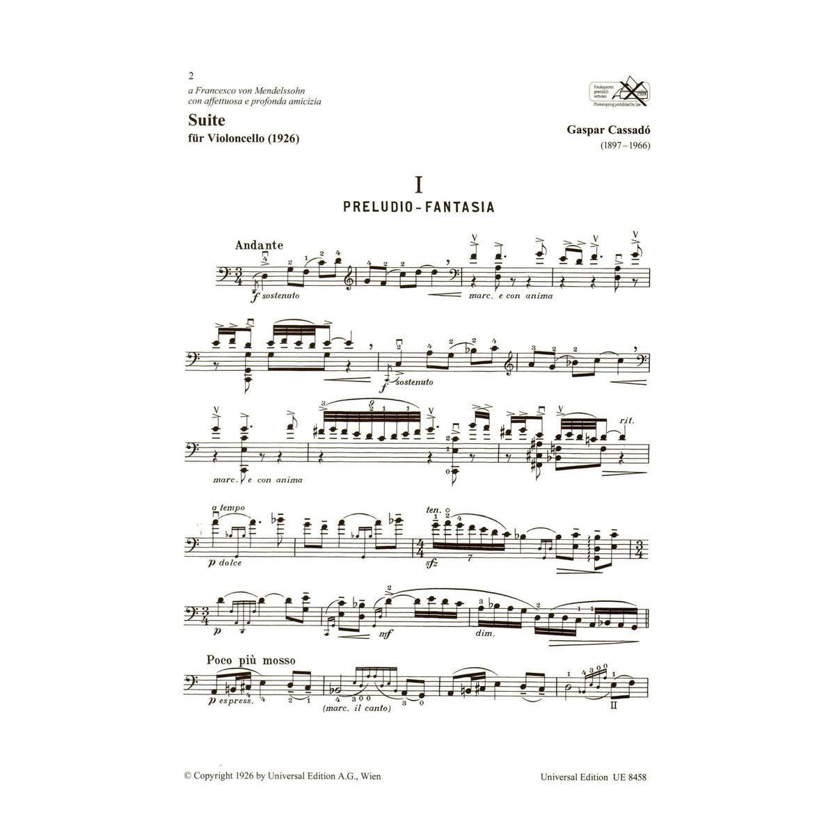 Cassado, Gaspar - Suite For Cello - Universal Edition