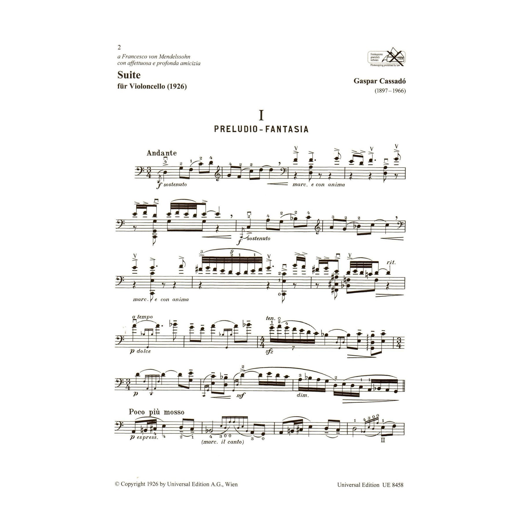 Cassado, Gaspar - Suite For Cello - Universal Edition