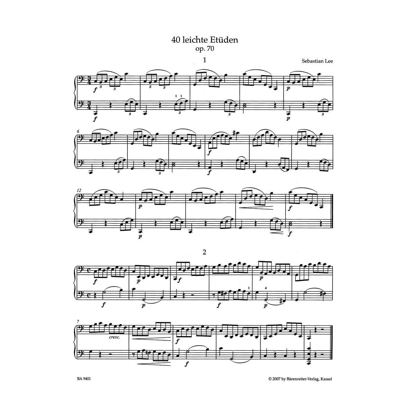 Lee, Sebastian - 40 Easy Etudes for Violoncello, Opus 70 For one or two cellos URTEXT Published by Barenreiter