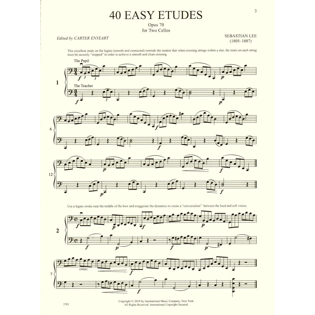 Lee, Sebastian - 40 Easy Etudes, Op 70 - for 2 Cellos - edited by Carter Enyeart - International Music Co
