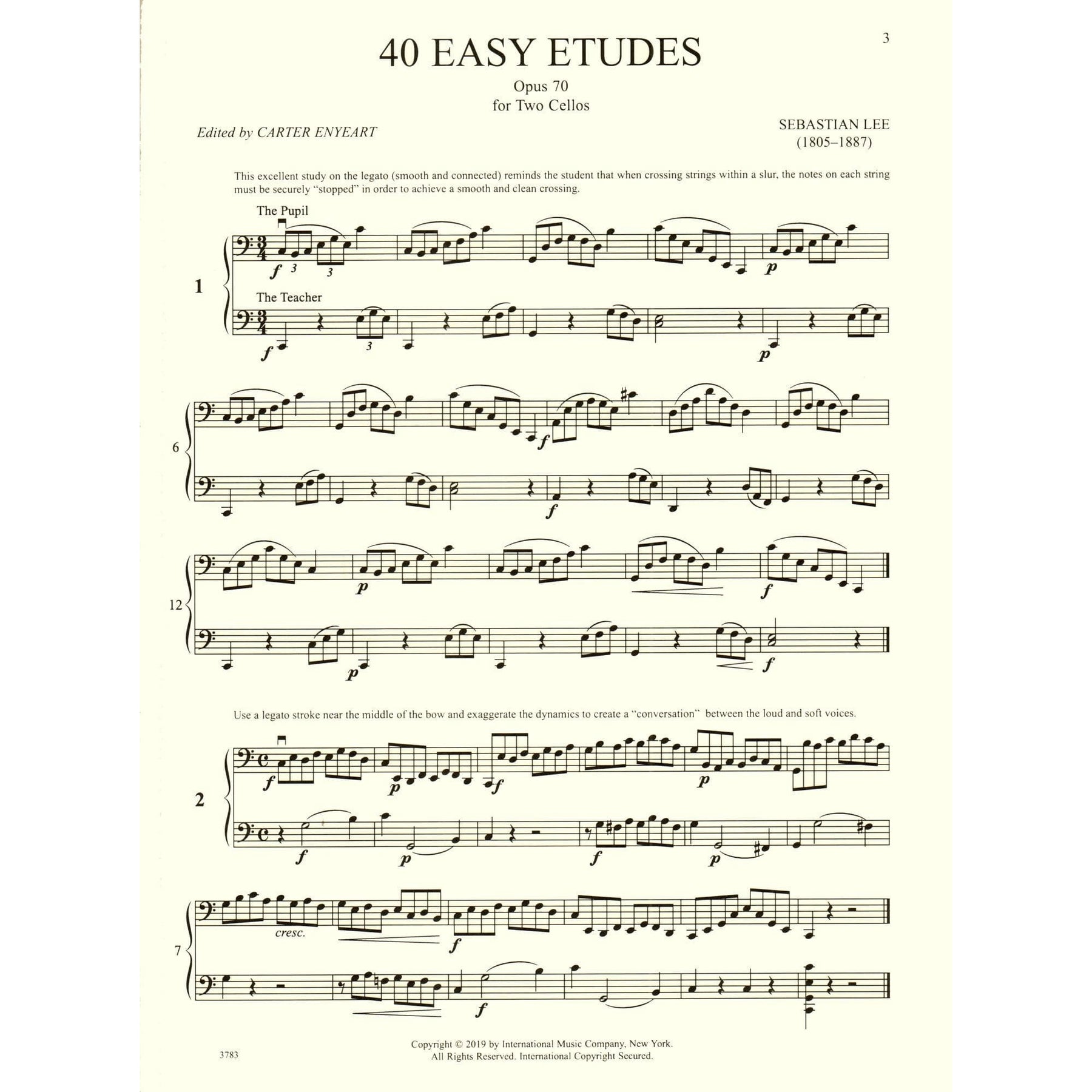 Lee, Sebastian - 40 Easy Etudes, Op 70 - for 2 Cellos - edited by Carter Enyeart - International Music Co