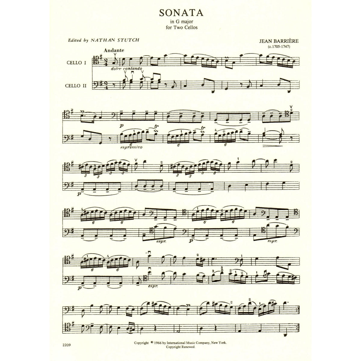 Barriere, J - Sonata In G Major for Two Cellos - Arranged by Stutch - International Edition