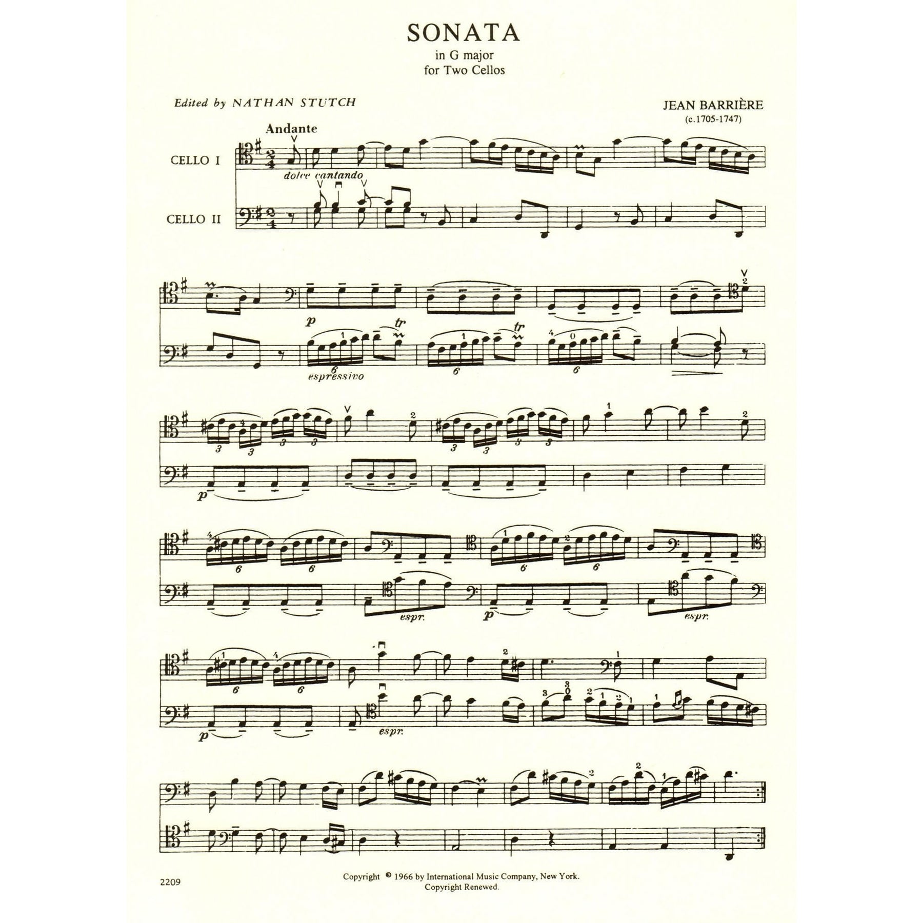 Barriere, J - Sonata In G Major for Two Cellos - Arranged by Stutch - International Edition