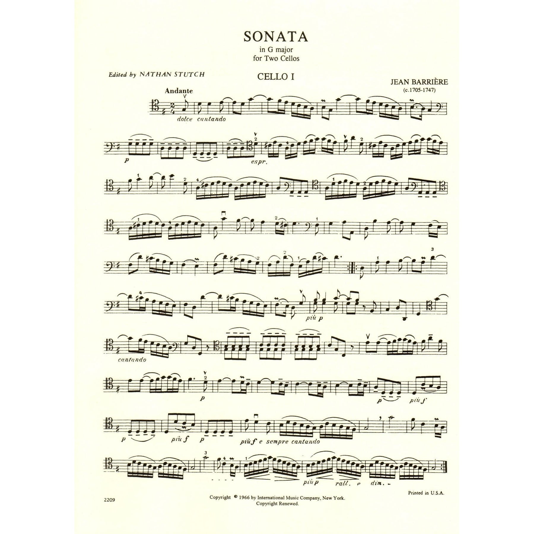 Barriere, J - Sonata In G Major for Two Cellos - Arranged by Stutch - International Edition