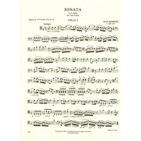 Barriere, J - Sonata In G Major for Two Cellos - Arranged by Stutch - International Edition