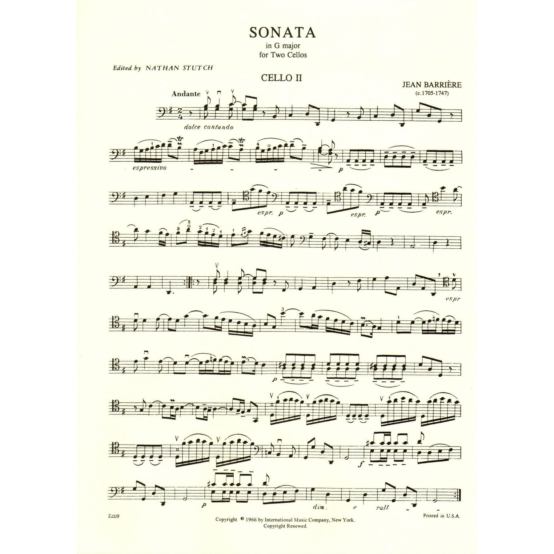 Barriere, J - Sonata In G Major for Two Cellos - Arranged by Stutch - International Edition