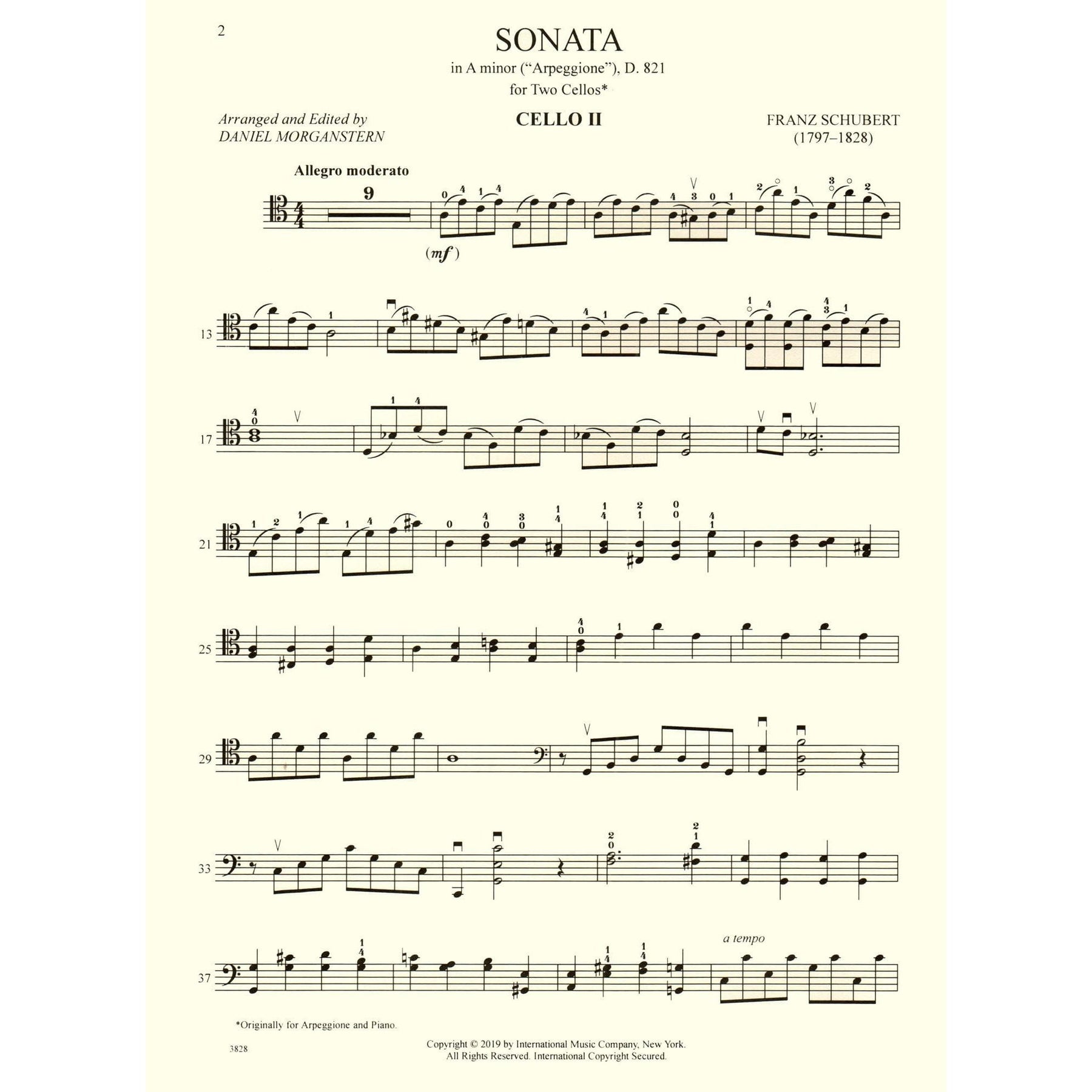 Schubert, Franz - Sonata in A minor - for Cello - with Optional 2nd Cello, Commentary and Preparatory Exercises by Daniel Morganstern - International