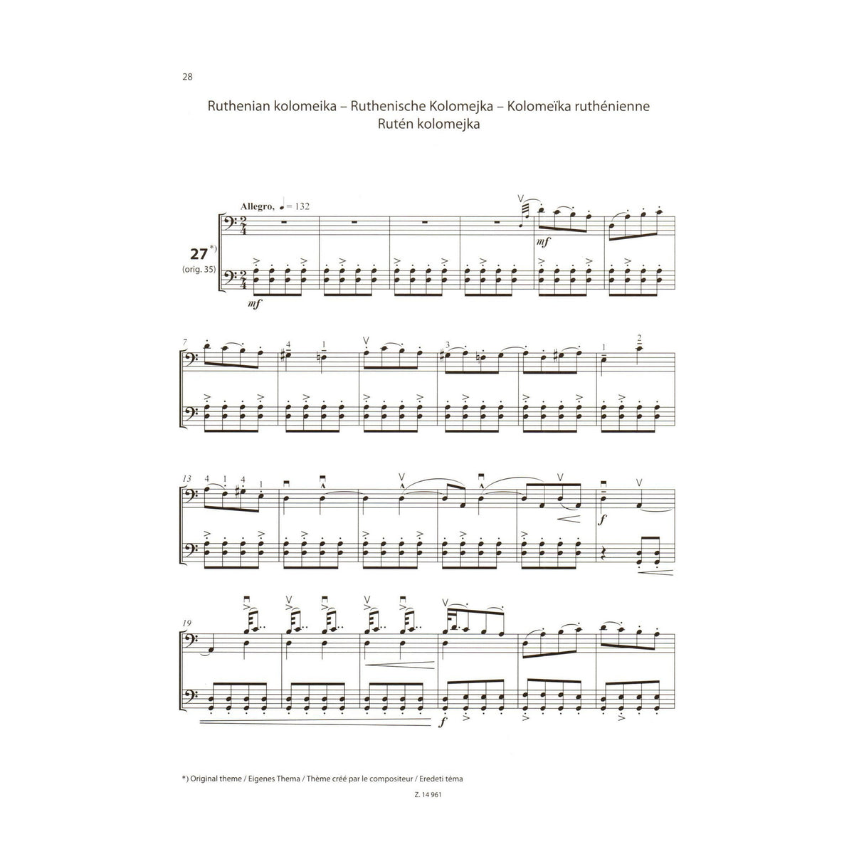 Bartók, Béla - 33 Duets - Transcribed by Árpád Pejtsik - for Two Cellos - Editio Musica Budapest