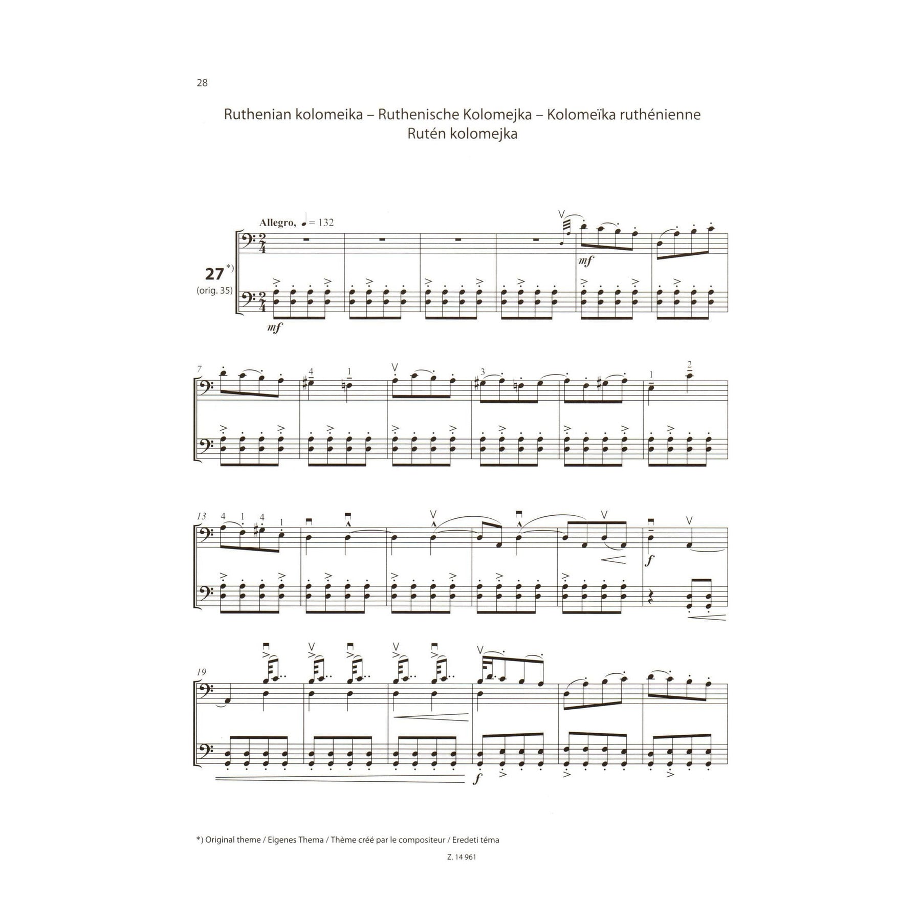 Bartók, Béla - 33 Duets - Transcribed by Árpád Pejtsik - for Two Cellos - Editio Musica Budapest