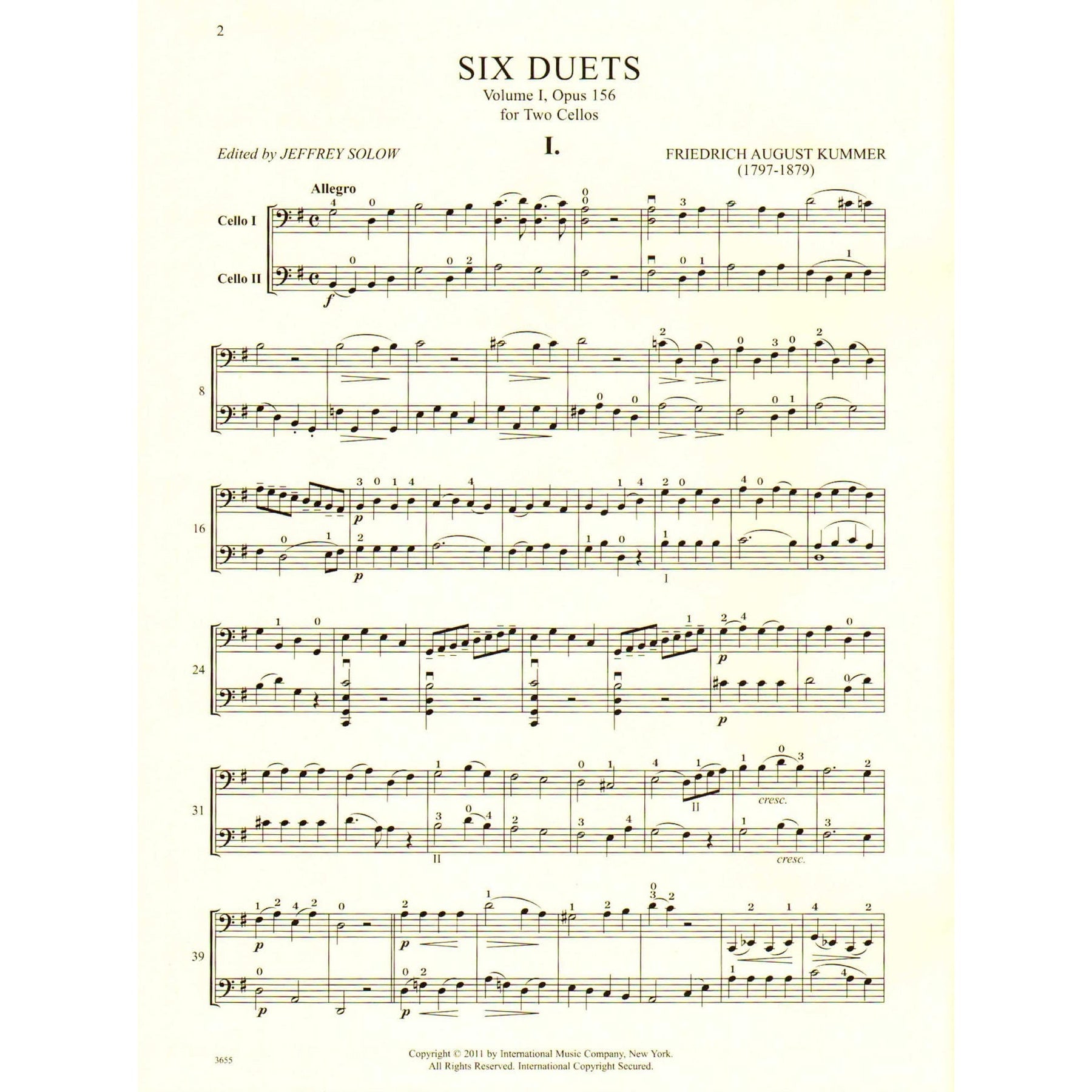 Kummer, FA - Six Duets, Op 156, Volume 1 - Two Cellos - edited by Jeffrey Solow - International Music Co