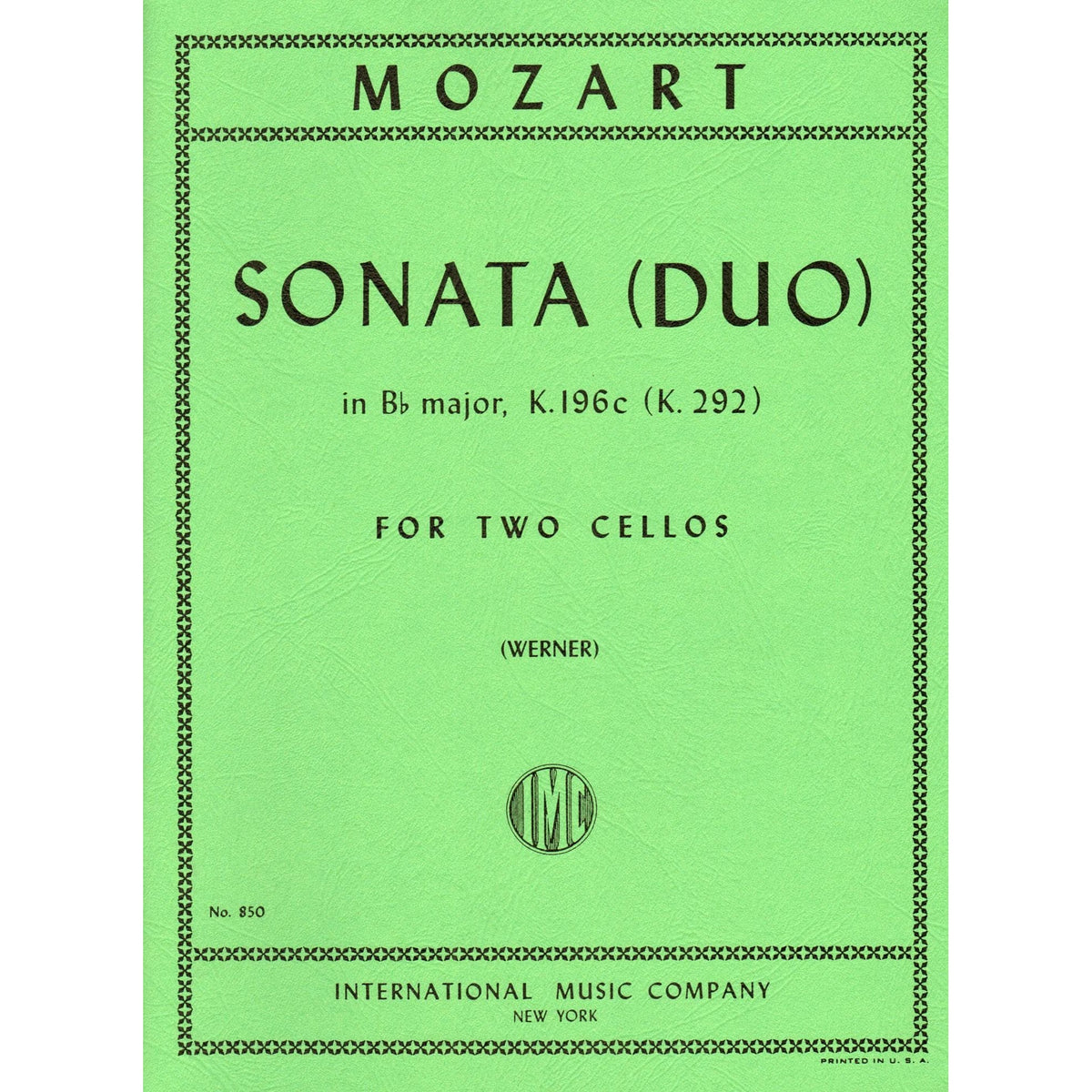 Mozart, WA - Sonata in B-Flat Major, K 292 - Two Cellos - edited by J Werner - International Music Co