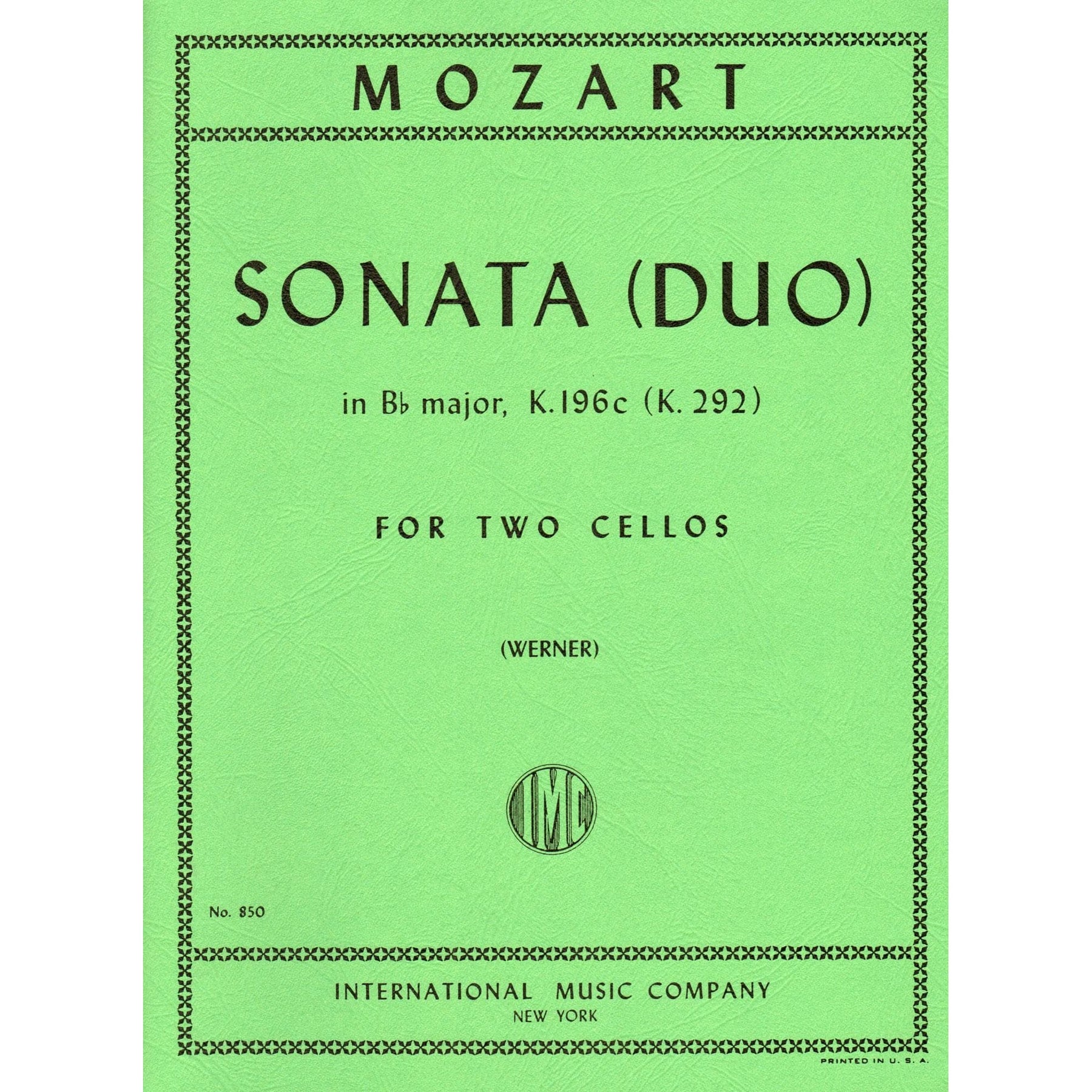 Mozart, WA - Sonata in B-Flat Major, K 292 - Two Cellos - edited by J Werner - International Music Co
