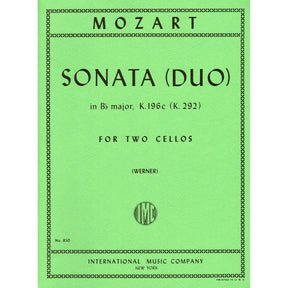 Mozart, WA - Sonata in B-Flat Major, K 292 - Two Cellos - edited by J Werner - International Music Co