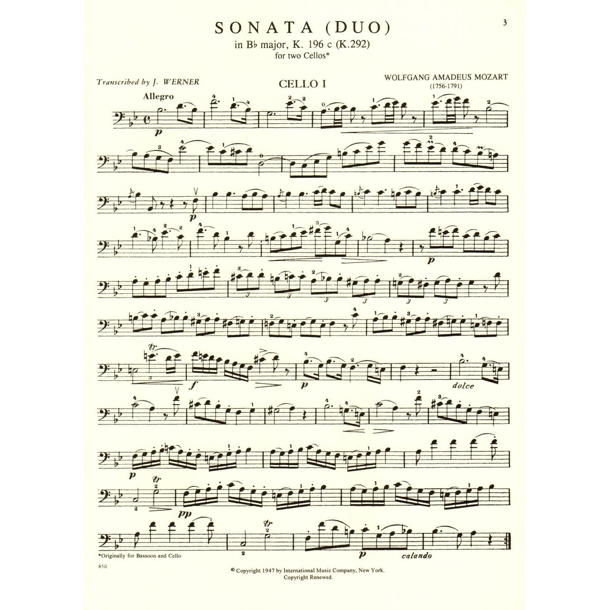 Mozart, WA - Sonata in B-Flat Major, K 292 - Two Cellos - edited by J Werner - International Music Co