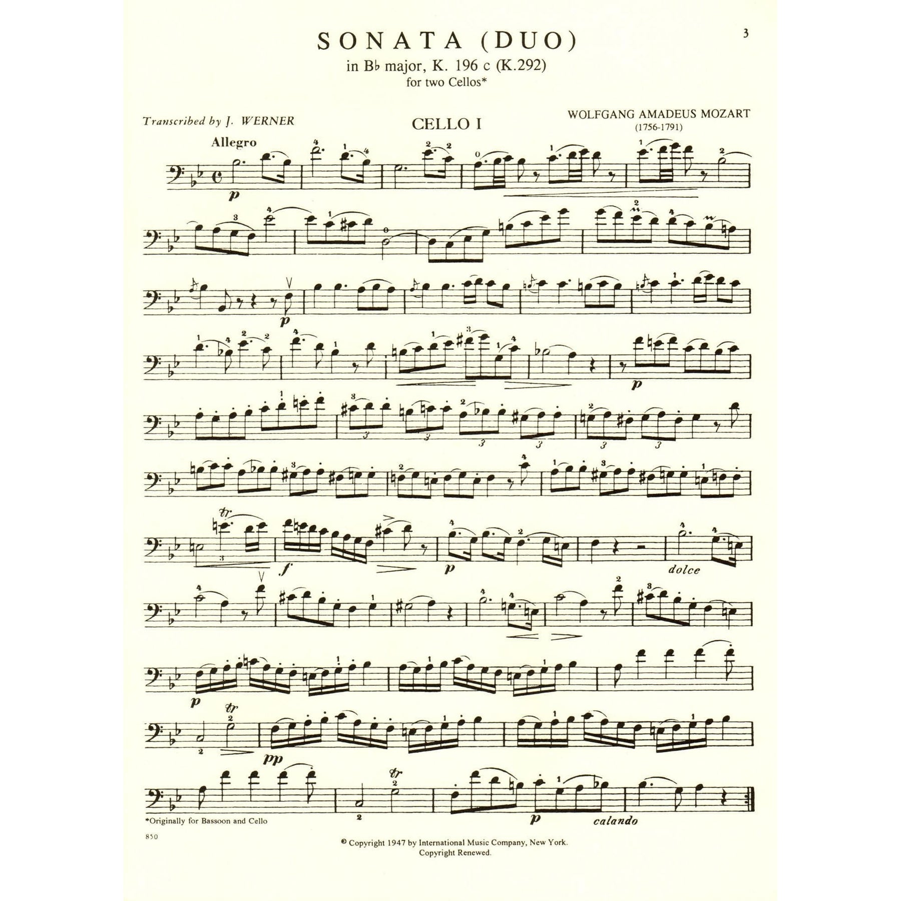 Mozart, WA - Sonata in B-Flat Major, K 292 - Two Cellos - edited by J Werner - International Music Co