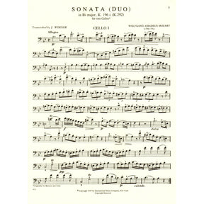 Mozart, WA - Sonata in B-Flat Major, K 292 - Two Cellos - edited by J Werner - International Music Co