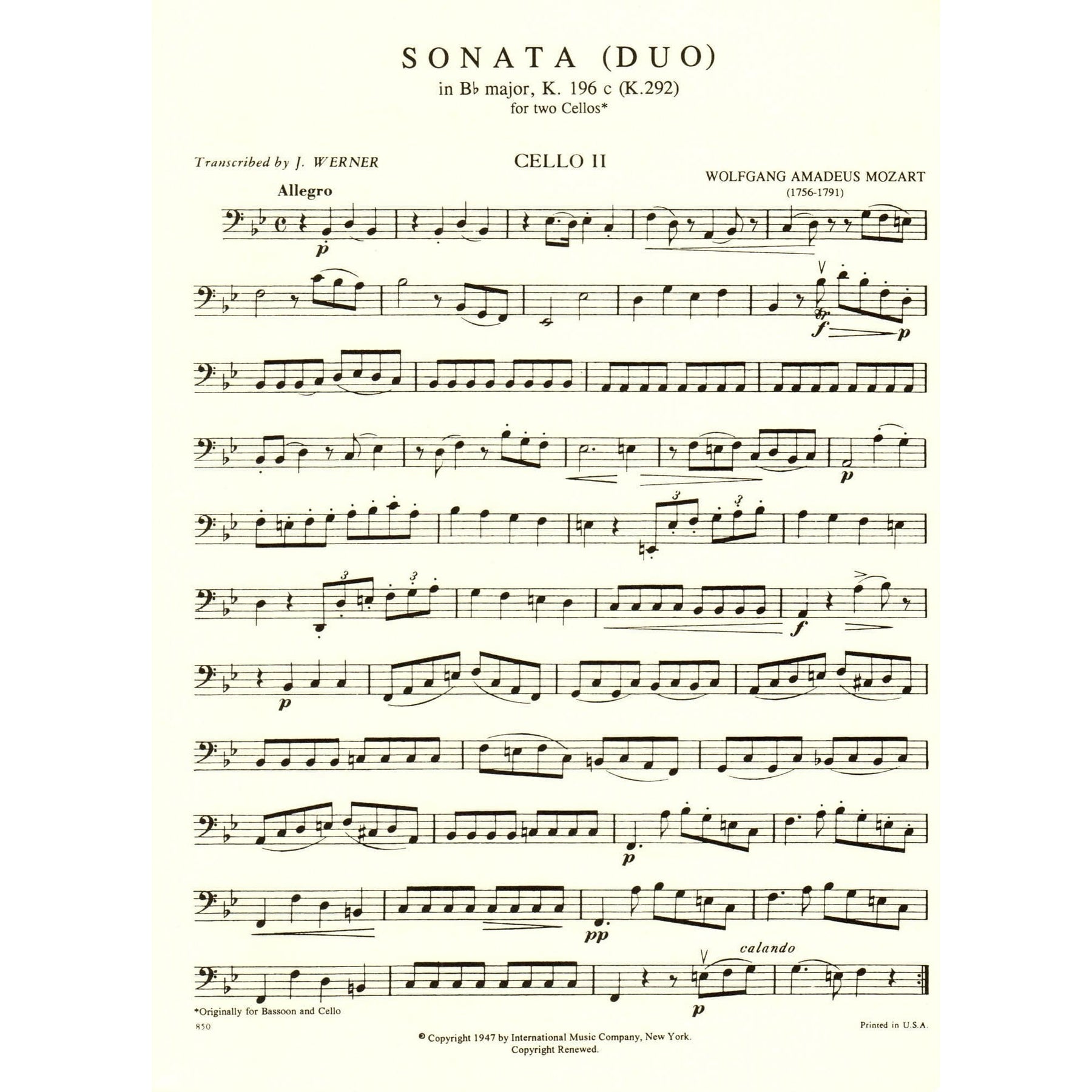 Mozart, WA - Sonata in B-Flat Major, K 292 - Two Cellos - edited by J Werner - International Music Co