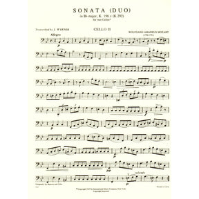 Mozart, WA - Sonata in B-Flat Major, K 292 - Two Cellos - edited by J Werner - International Music Co