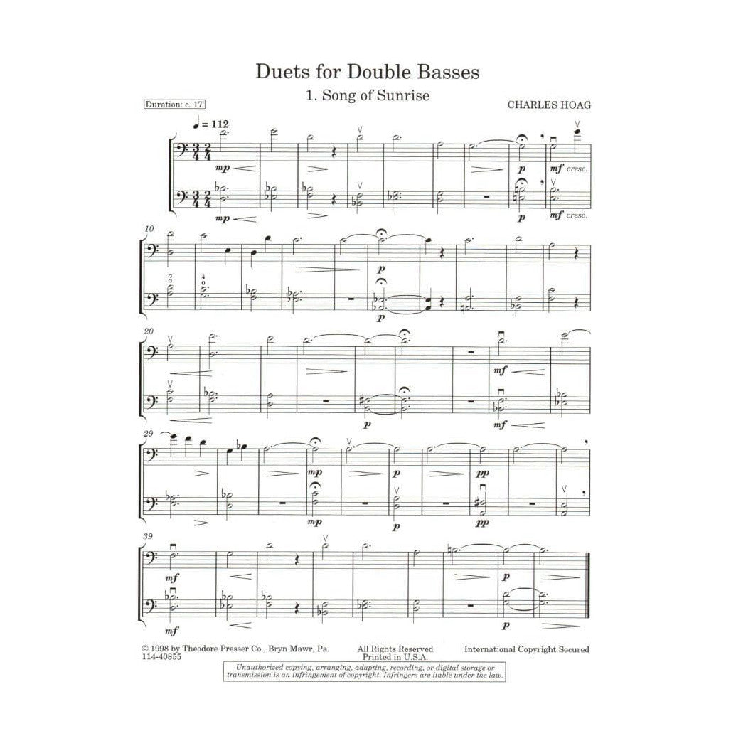 Hoag, Charles K - Duets for Double Basses - Theodore Presser Co