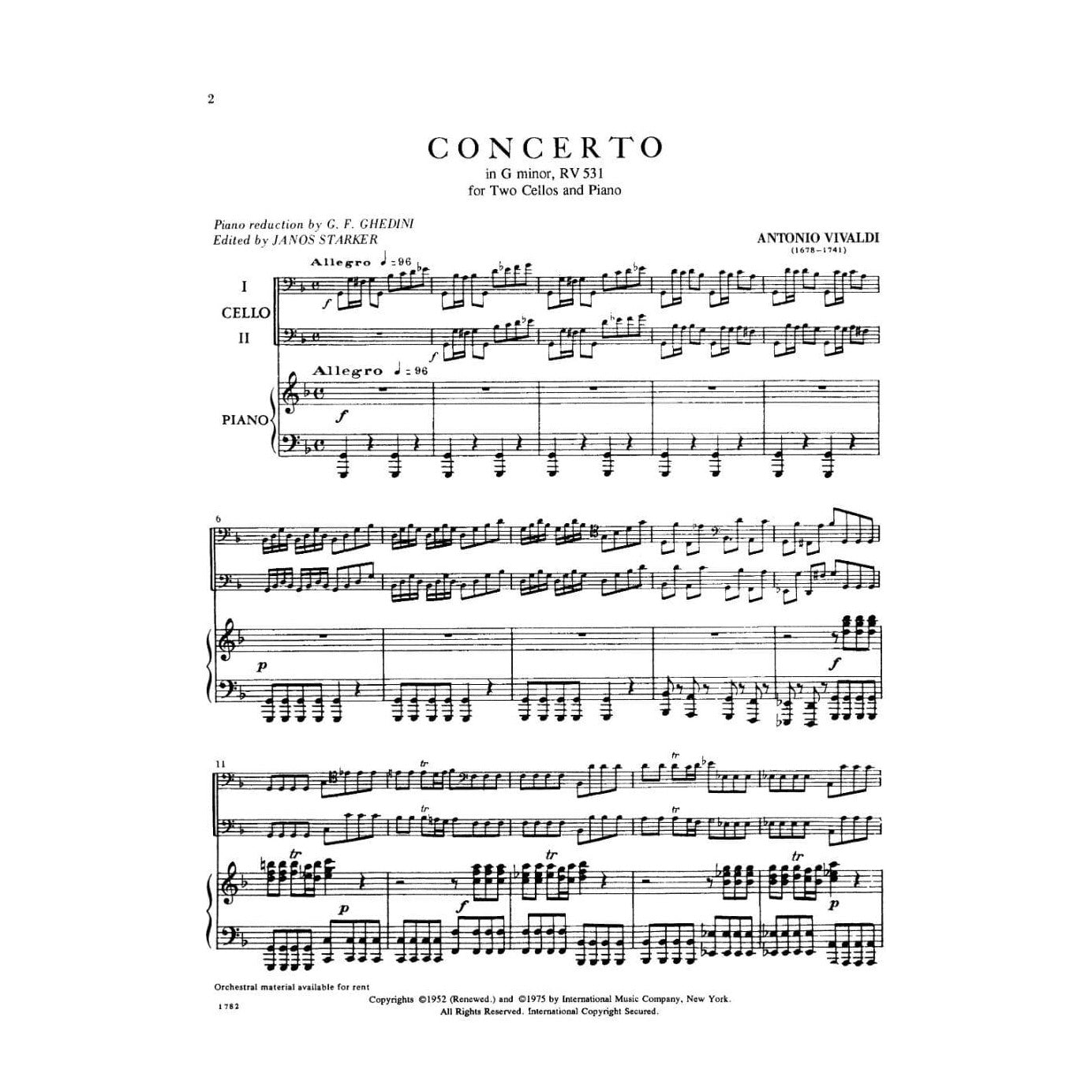 Vivaldi, Antonio - Concerto In g minor F III No 2 RV 531 For Two Cellos and Piano Edited by Starker Published by International Music Company