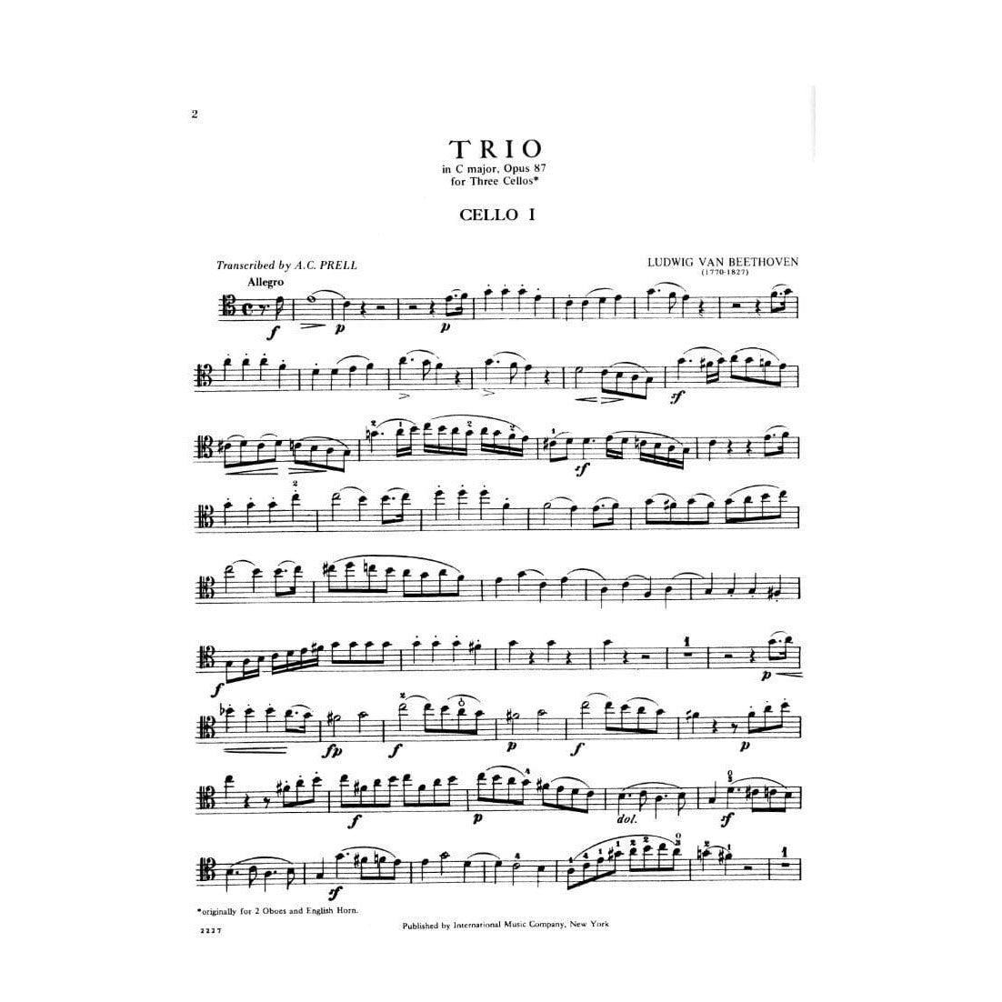 Beethoven, Ludwig - Trio In C Major Op 87 for Three Cellos - Arranged by Prell - International Edition