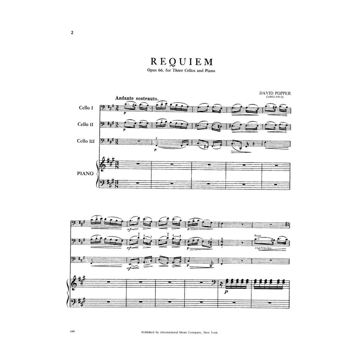 Popper, David - Requiem Op 66 For Three Cellos and Piano Published by International Music Company