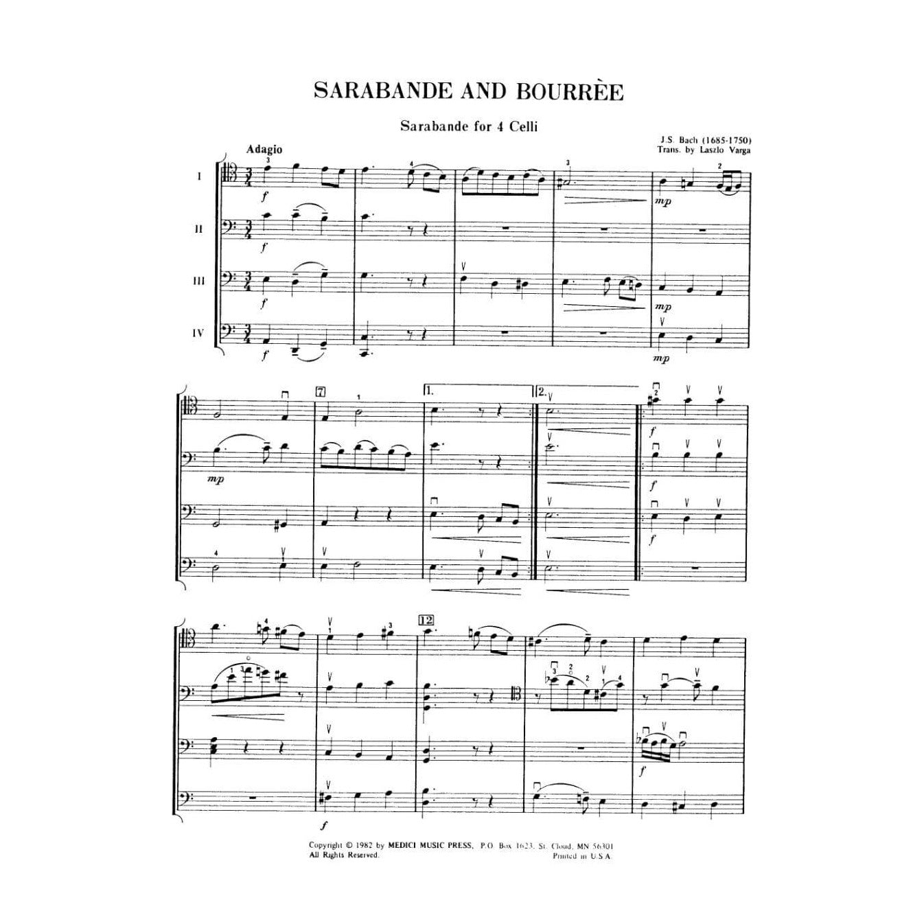 Bach, JS - Sarabande and Bourree BWV 1002 for Four Cellos - Score and Parts - Arranged by Varga - MusiCelli Publication