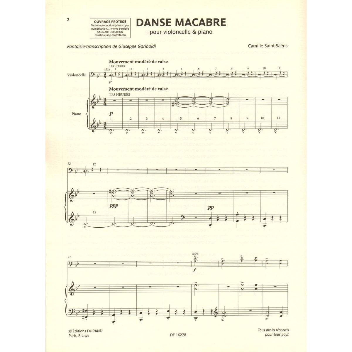 Saint-Saens, Camille - Danse Macabre - for cello and piano - transcribed by Giuseppe Gariboldi - Editions Durand