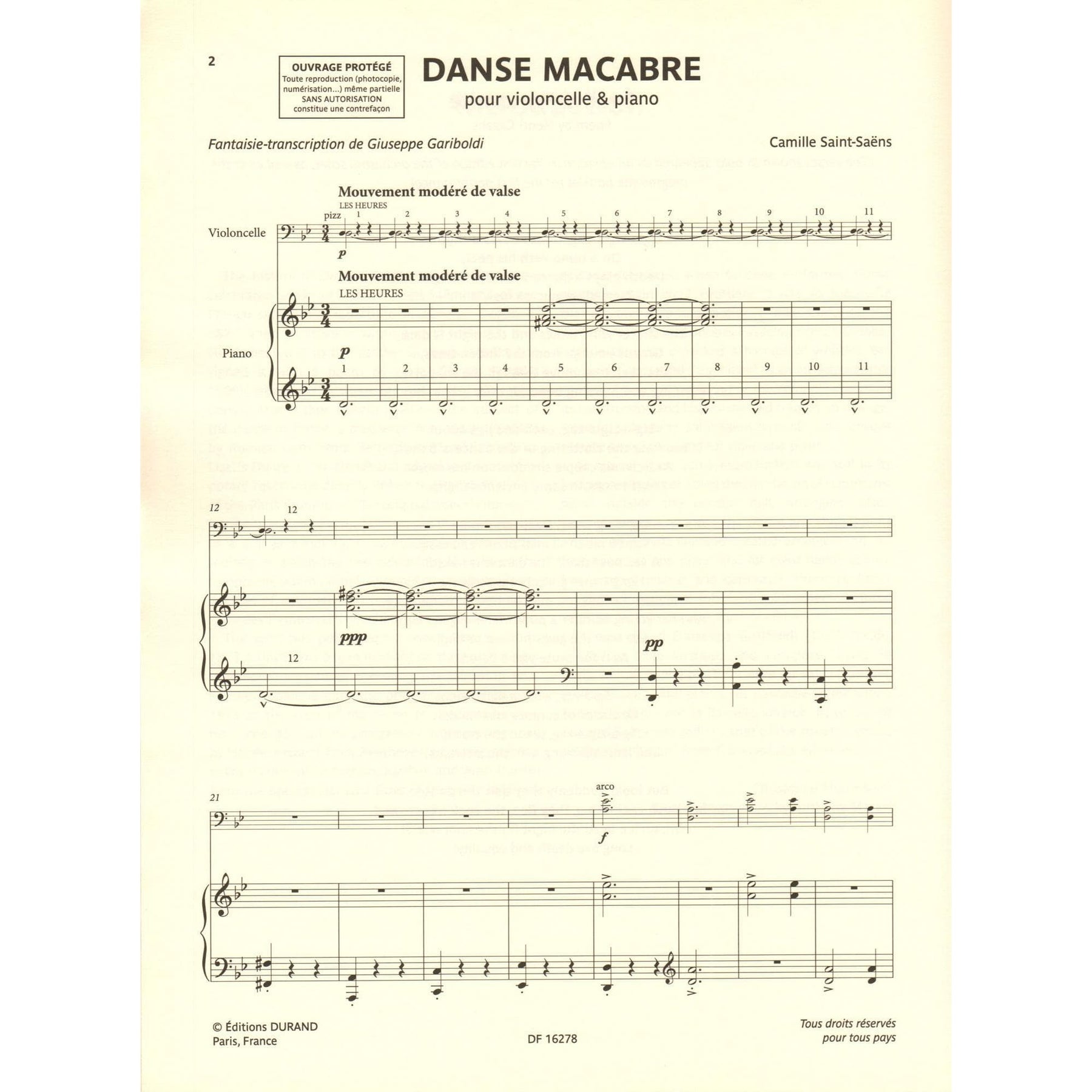 Saint-Saens, Camille - Danse Macabre - for cello and piano - transcribed by Giuseppe Gariboldi - Editions Durand