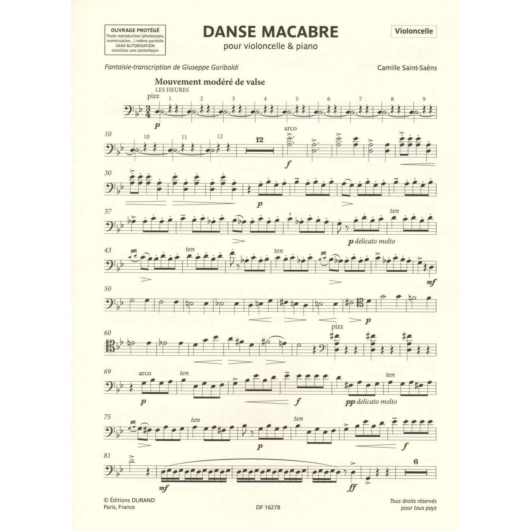 Saint-Saens, Camille - Danse Macabre - for cello and piano - transcribed by Giuseppe Gariboldi - Editions Durand