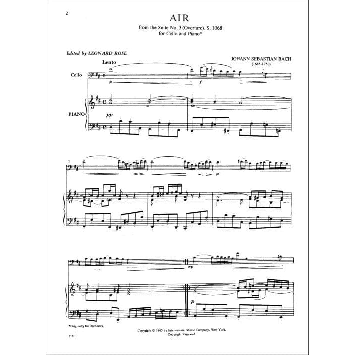 Bach, JS - Air from the Suite No 3 in D Major, S1068 for Cello and Piano - Arranged by Rose - International Edition