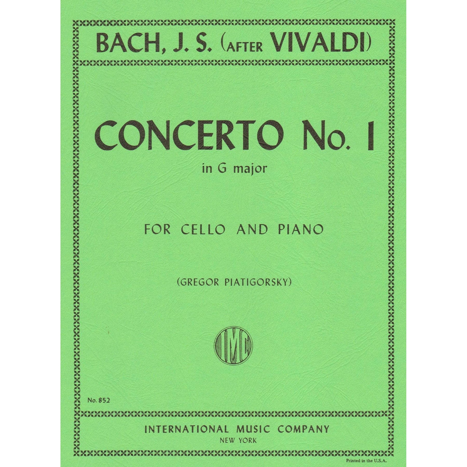 Bach, JS - Concerto No 1 in G Major BWV 592 for Cello and Piano - Arranged by Piatigorsky - International Edition