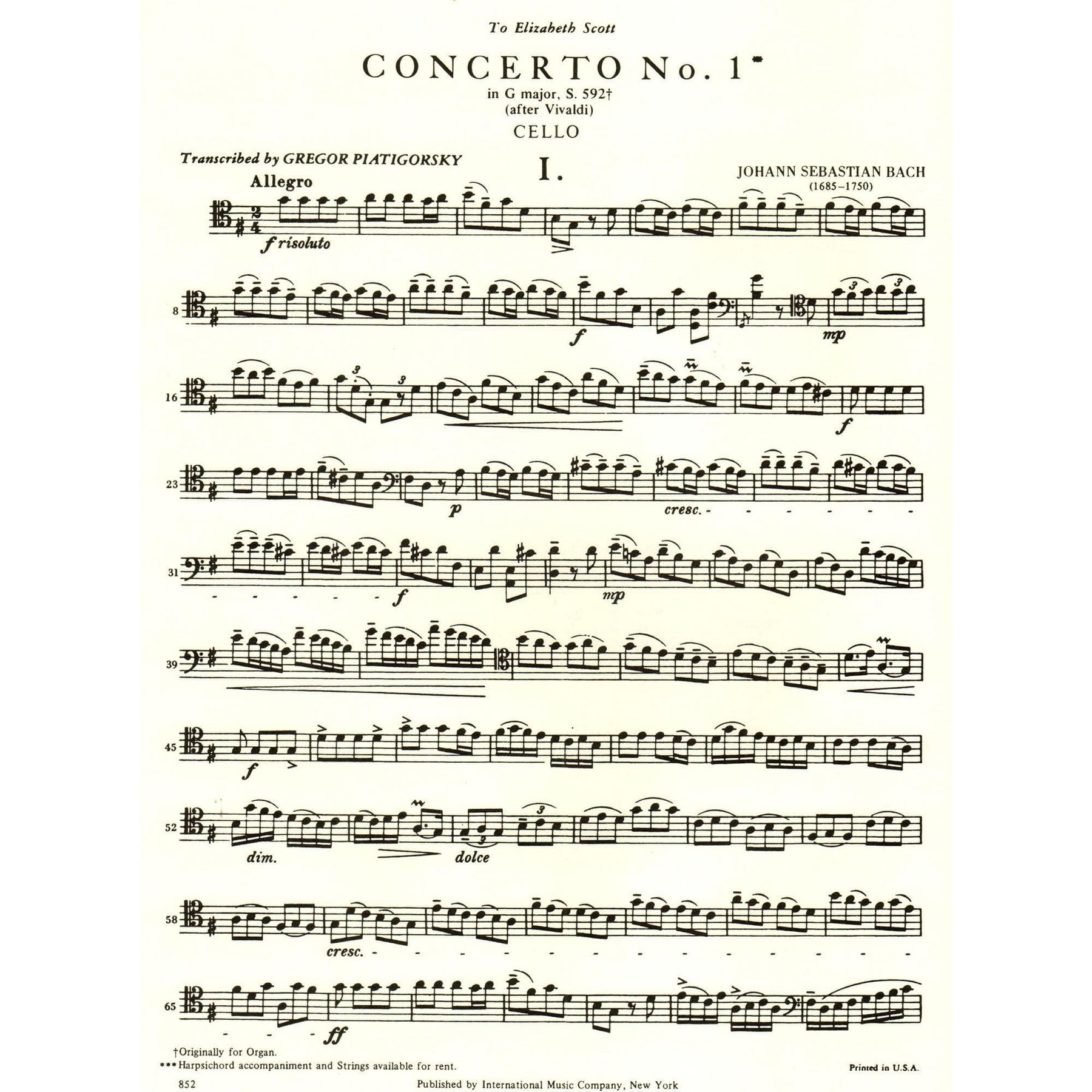 Bach, JS - Concerto No 1 in G Major BWV 592 for Cello and Piano - Arranged by Piatigorsky - International Edition