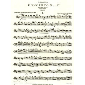 Bach, JS - Concerto No 1 in G Major BWV 592 for Cello and Piano - Arranged by Piatigorsky - International Edition