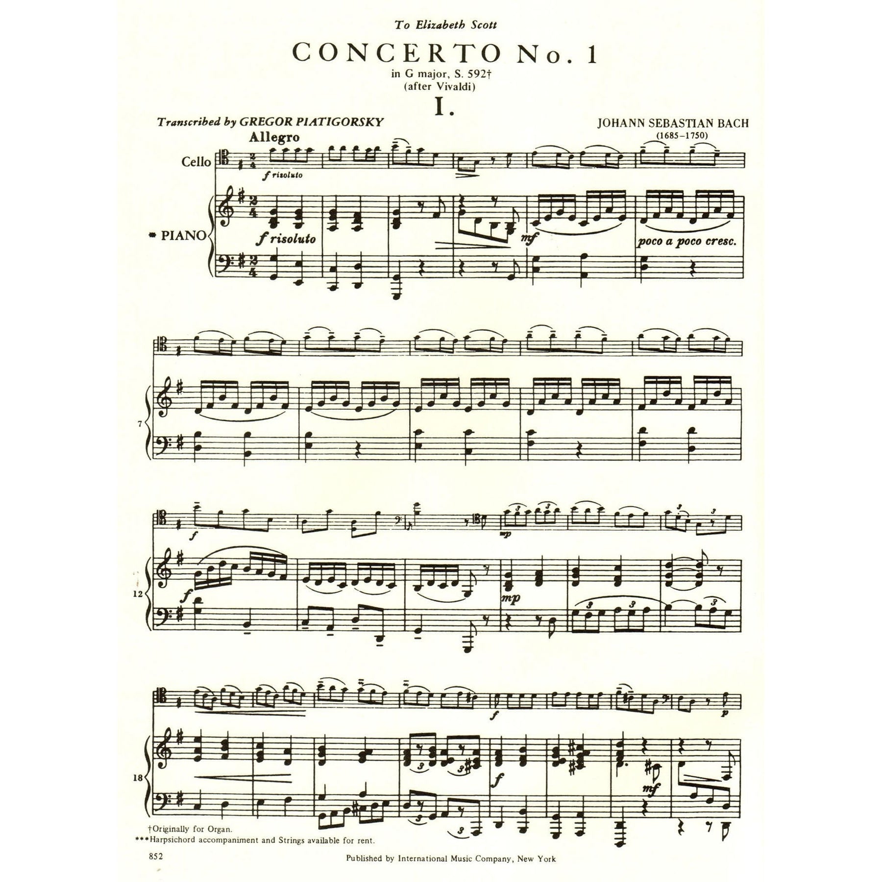 Bach, JS - Concerto No 1 in G Major BWV 592 for Cello and Piano - Arranged by Piatigorsky - International Edition