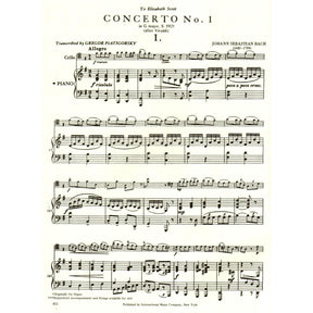 Bach, JS - Concerto No 1 in G Major BWV 592 for Cello and Piano - Arranged by Piatigorsky - International Edition