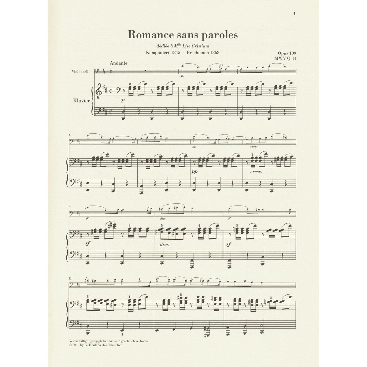 Mendelssohn, Felix - Romance Sans Paroles, Op 109 - for Cello and Piano - G. Henle Verlag URTEXT